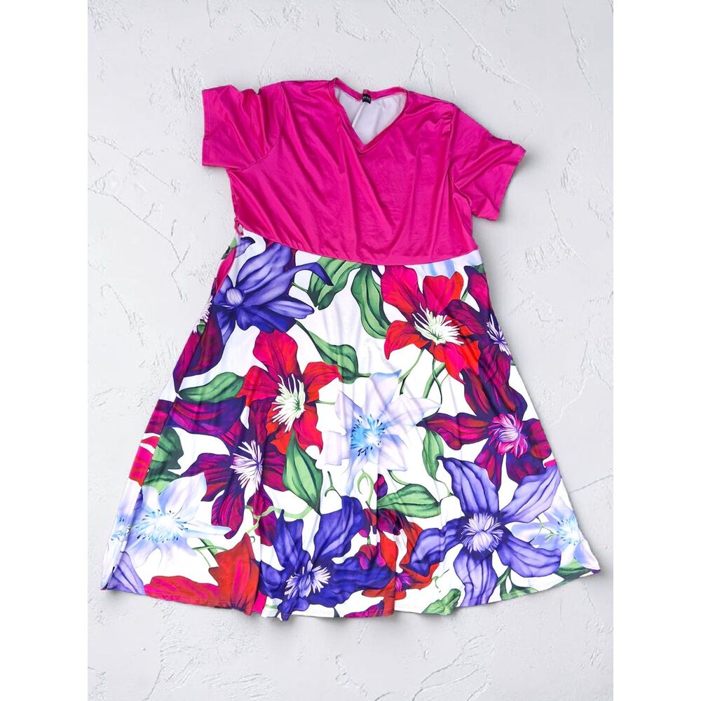 XPlusWear Colorblock Floral A-Line Dress - Plus Size 5XL - Hot Pink V-Neck